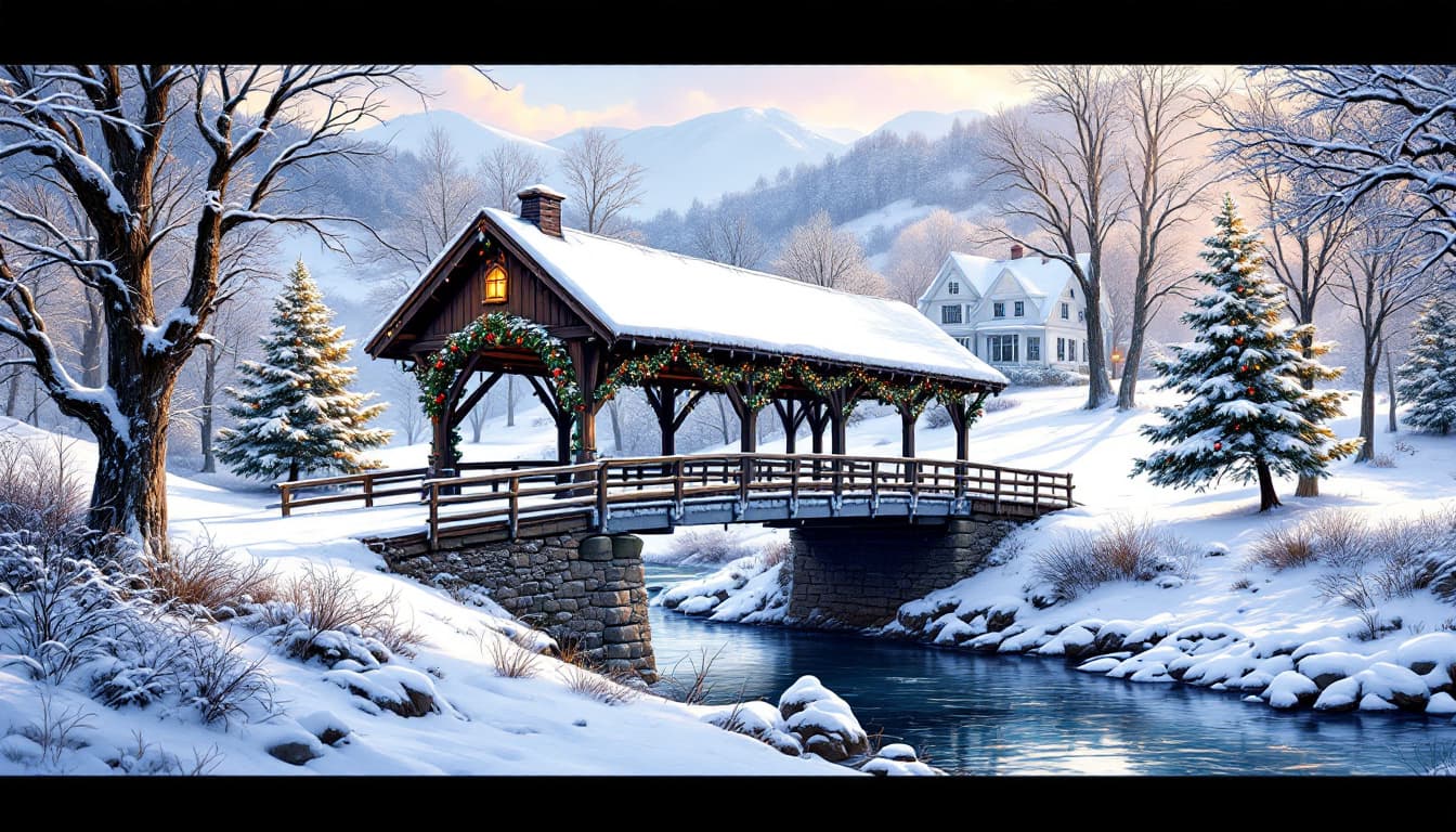 AI generated: A winter landscape with a covered bridge in the foreground, covered in snow, Christmas decorations, ...
