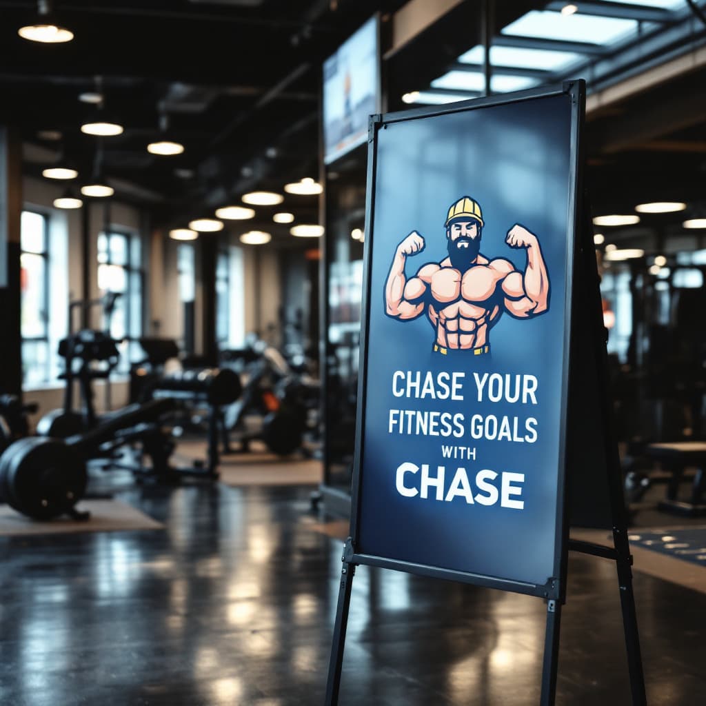 AI generated: a sign with a big builder flexing his muscles that says chase your fitness goals with chase, in a gy...
