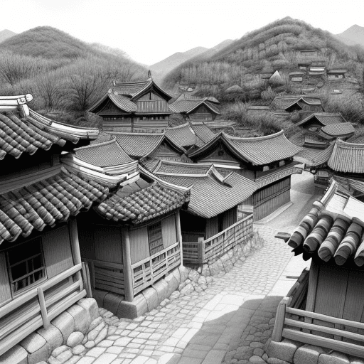 AI generated: Please draw a hanok village in black and white.