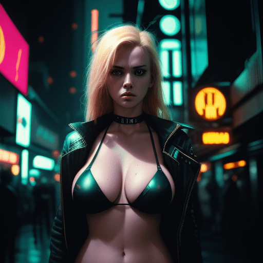AI generated: analog film photo woman, blond girl facing front wearing cyberpunk outfit with large breasts in a bi...
