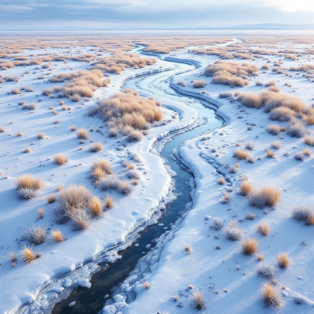 AI generated: •  3D icy Cimarron River winding through a snow-covered prairie.