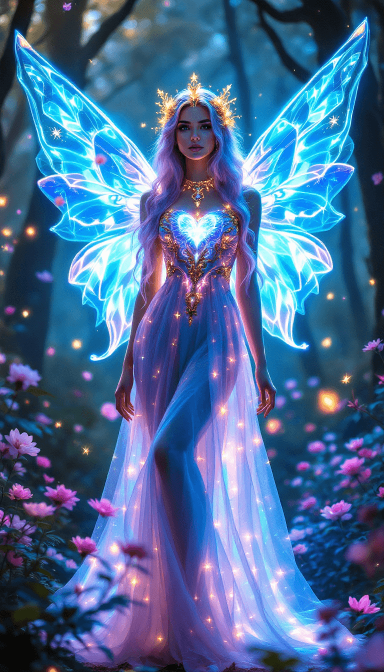 AI generated: A breathtaking celestial fairy with glowing, bioluminescent wings stands gracefully in an enchanted ...