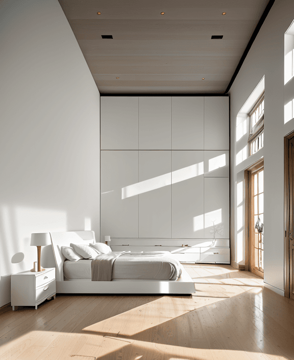 AI generated: High resolution photograph of the interior of a modern master bedroom with wooden floor finishes and...