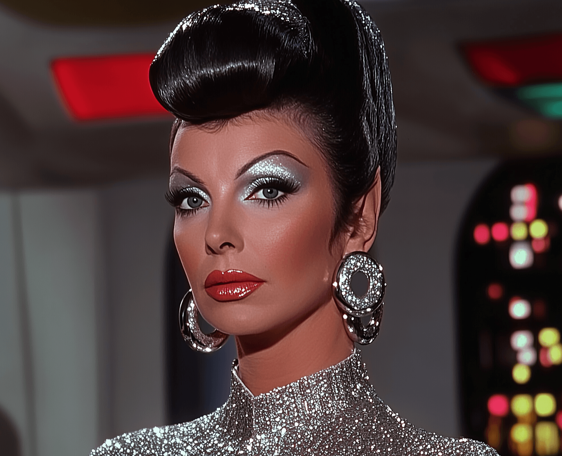 AI generated: Screencap from the Star Trek original series, a woman with metallic silver makeup wearing an elabora...