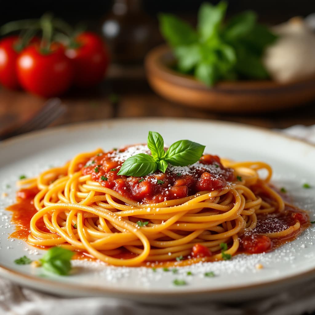 AI generated: Primissimo piano, un piatto di spaghetti al sugo di marinara con foglio di basilisco , fotorealistic...