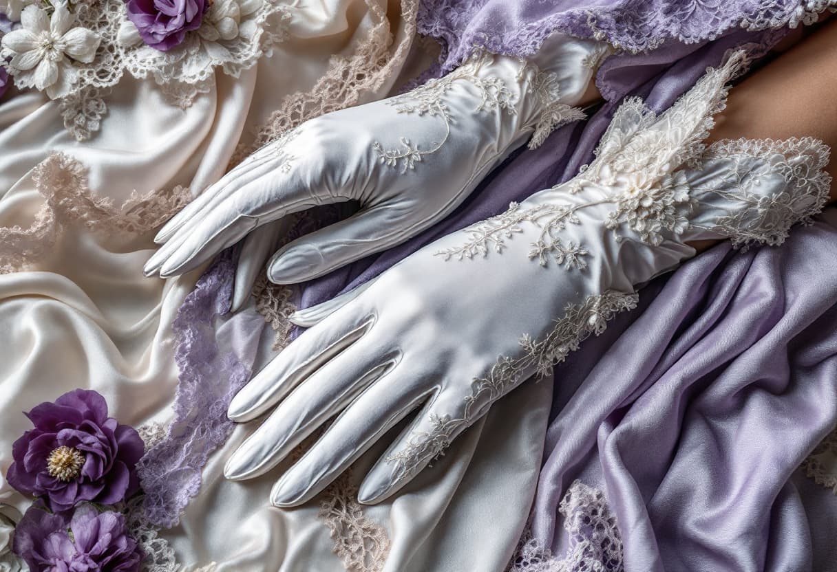 AI generated: A Victorian Couture Atelier's view of a pair of elegant opera gloves, set amidst dress forms, elabor...