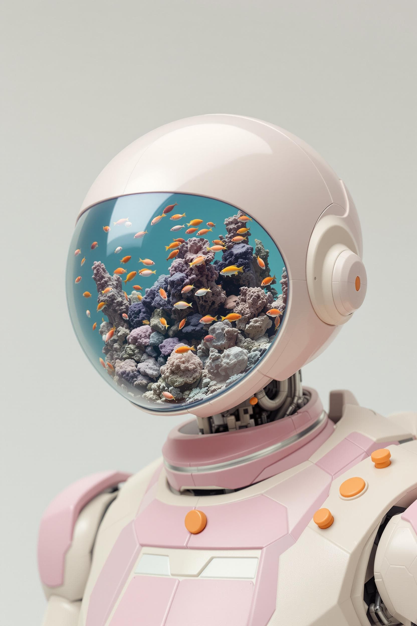 AI generated: Close-up of a robot or futuristic figure. The figure's head is a clear, dome-shaped helmet, resembli...