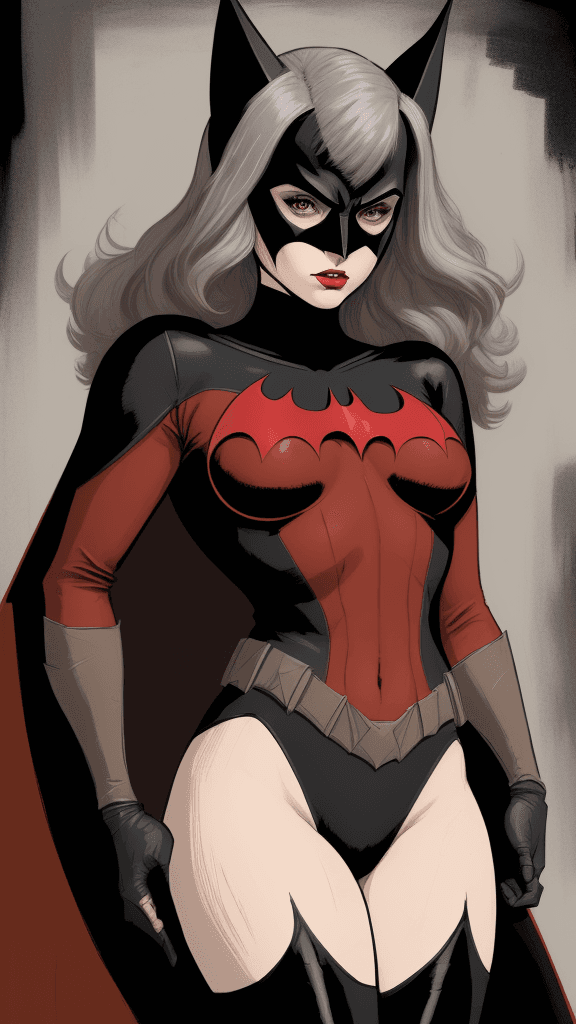 AI generated: a drawing of a batwoman, in the style of adventure pulp, dark white and bronze, mottled, yup'ik art,...