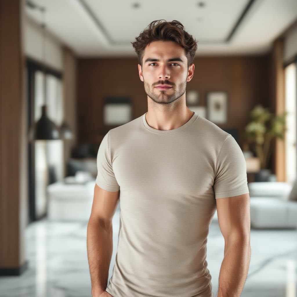 AI generated: Studio image of a 25-year-old white American man, slightly curly dark brown hair, clean-shaven, beig...