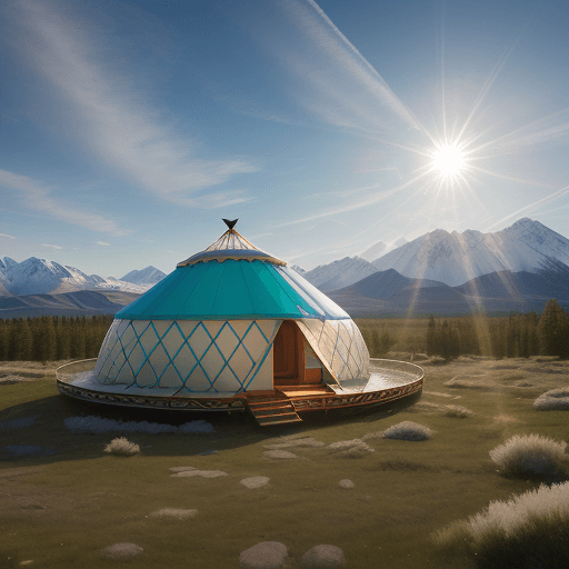 AI generated: Kazakh tradition yurt. image ultra HD . Yurt high-tech buildings. Glass facades, the clouds extend b...