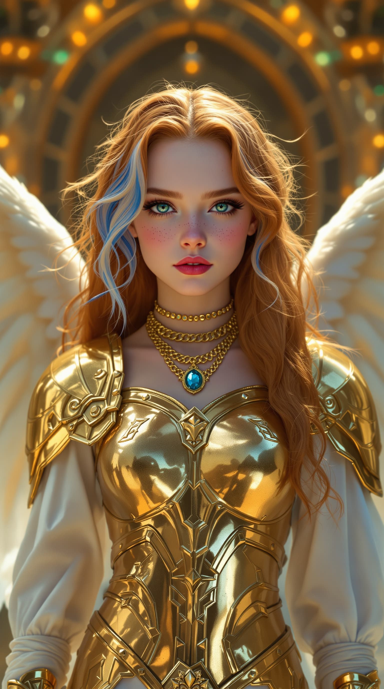 AI generated: A masterful hyper-realistic depiction of Elle Fanning as the Guardian Angel, radiating ethereal beau...