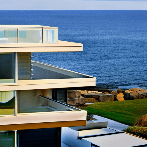 AI generated: hyper realistic eye level exterior photo of a mid century modern style house overlooking the ocean, ...