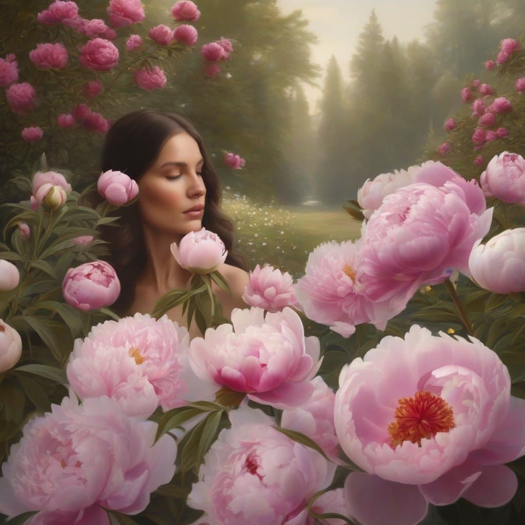 AI generated: landscape: "Peonies The smell of peoniesat noon hour. Summer,bee on a flower..."