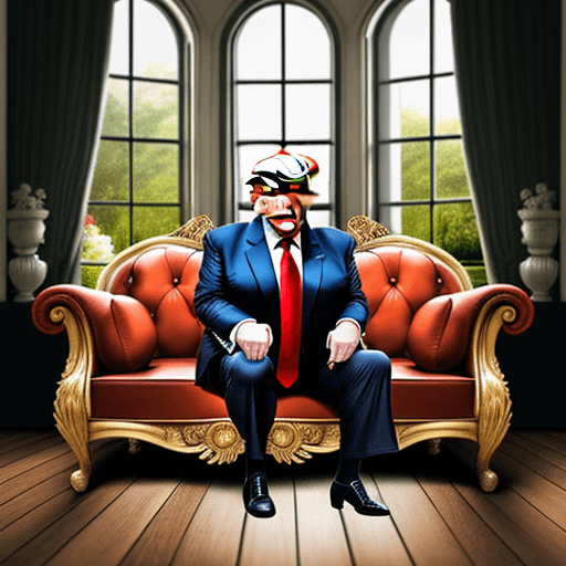 AI generated: Donald Trump caricature look a like character sitting on a couch in the middle of the room,  wooden ...