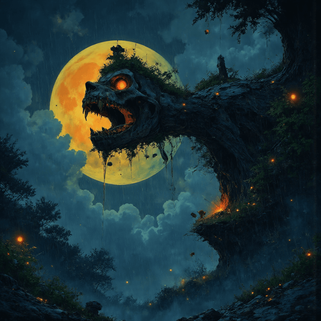 AI generated: ("the moon eats its lovers":1.4) // rain that doesn’t fall // bones growing from orchard roots // un...