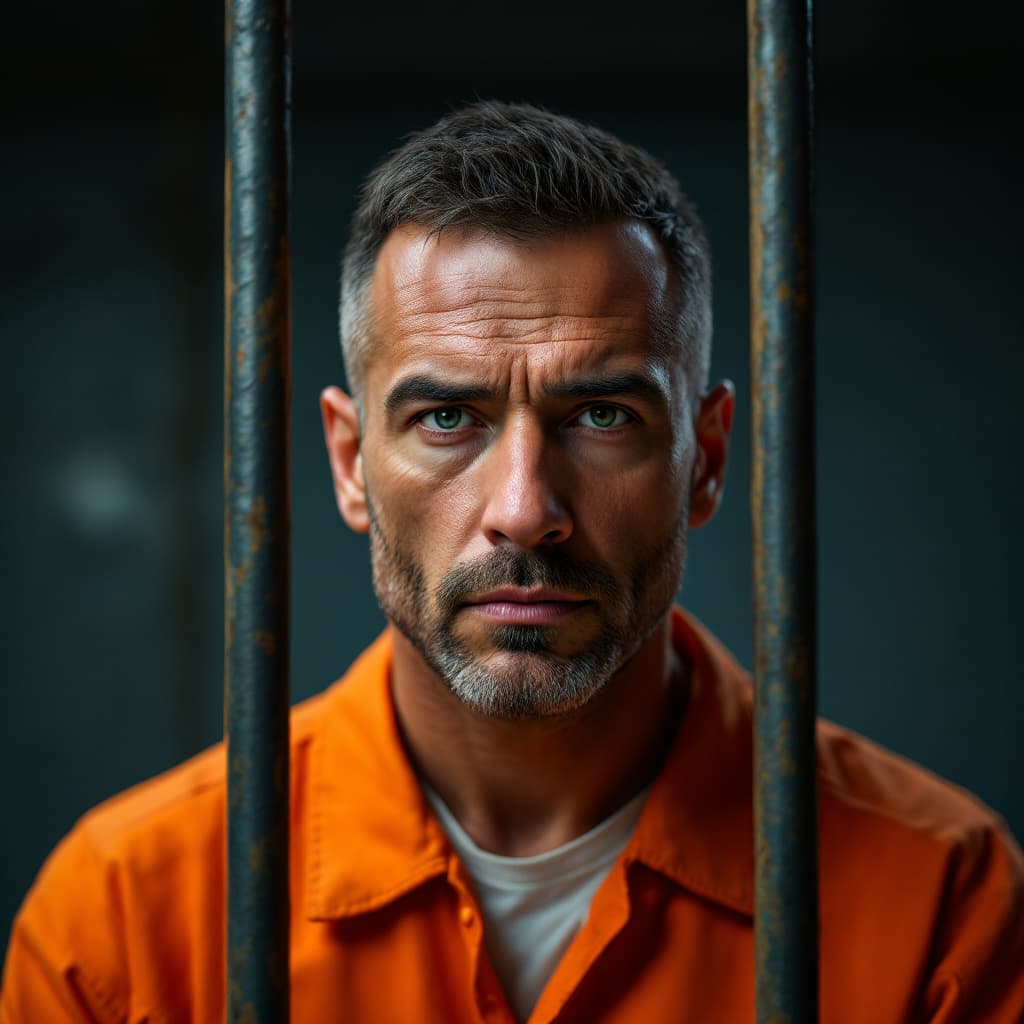 AI generated: a guilty man in orange prison jumpsuit, in prison, jail, behind bars --iw 2 --v 6.0