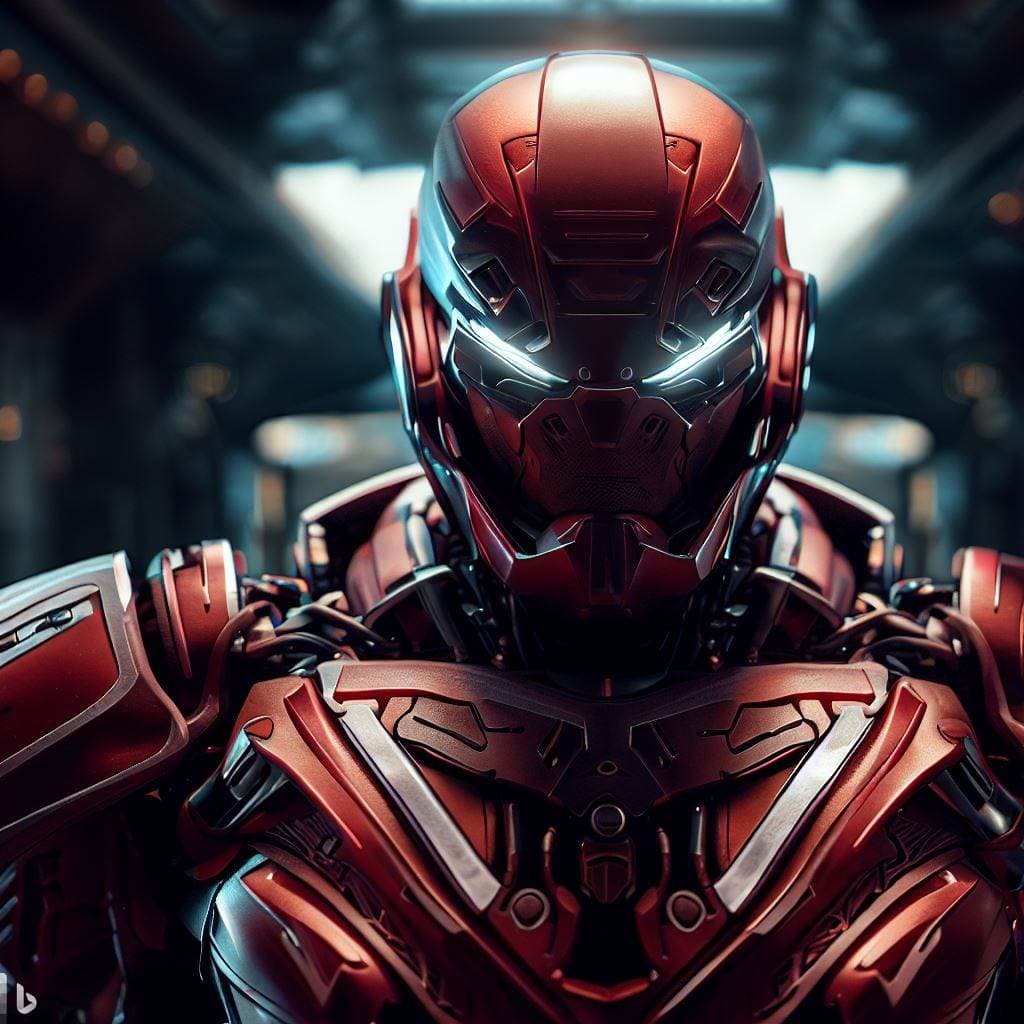 AI generated: ultra-wide photo red sci-fi armor with cyber helmet, lights on cyber mask, full armor, insulated arm...
