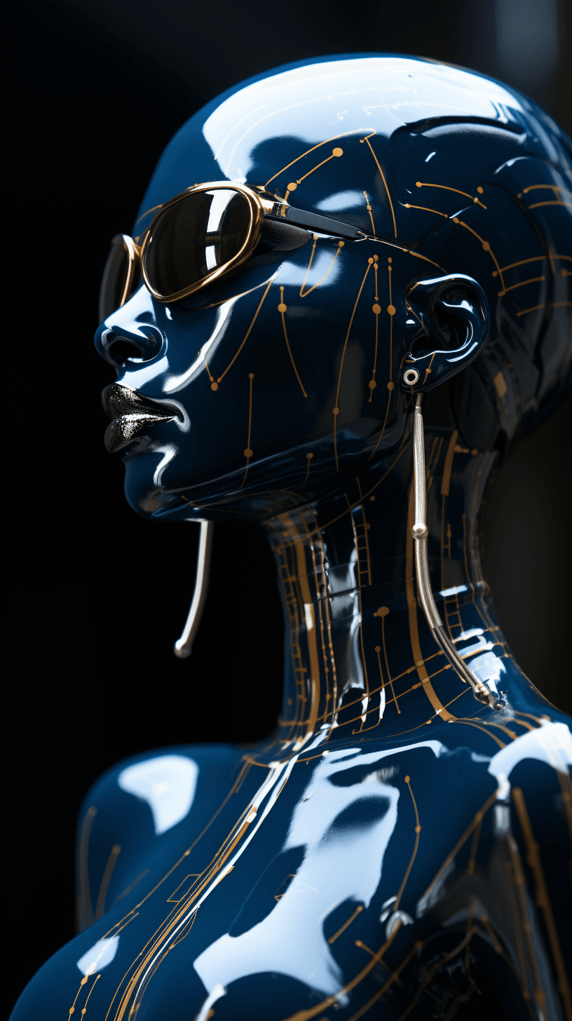 AI generated: artificial person in space, in the style of futuristic glam, black and azure, 32k uhd, machine age a...