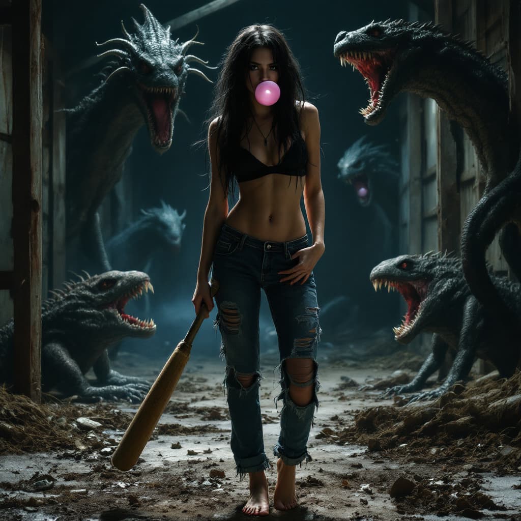 AI generated: full body view a woman, black long hair, black bra, tattered blue jeans , barefoot  (((show foot))),...