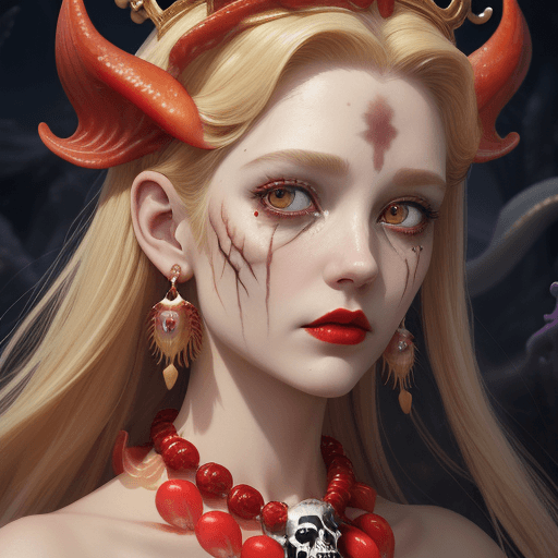 AI generated: Goddes close-up portrait ribcagel. Jellyfish phoenix head, nautilus,Red lips,Our red necklace with r...
