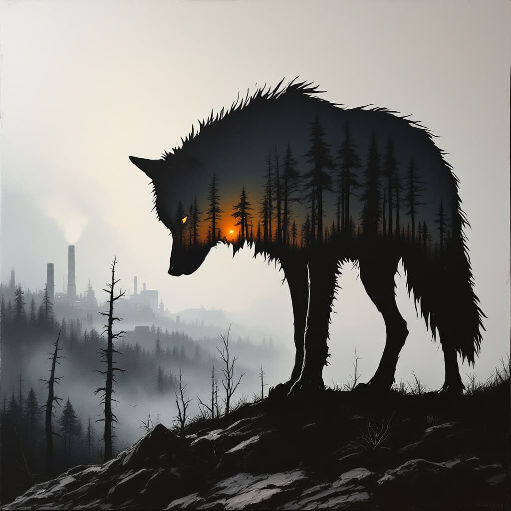 AI generated: oil painting, cardboard like silhouette of a sad wolf, head down, low tail, inside wolf silhouette, ...