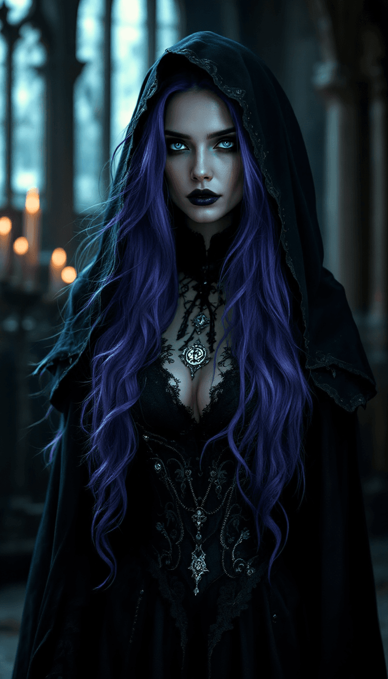 AI generated: A mysterious woman with long, flowing, violet hair, often hidden beneath a hooded cloak. Her eyes ar...