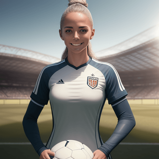 AI generated: professional sports athletic woman dressed as soccer player, soccer ball, smiling, football pitch in...