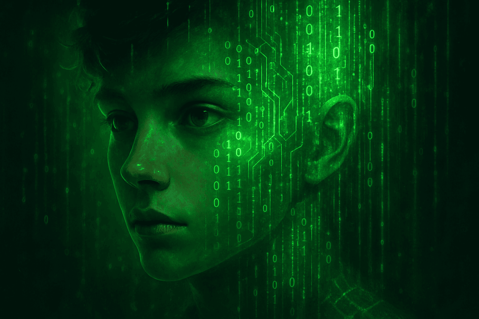 AI generated: A digital painting in the style of concept art, depicting a young person's face partially integrated...