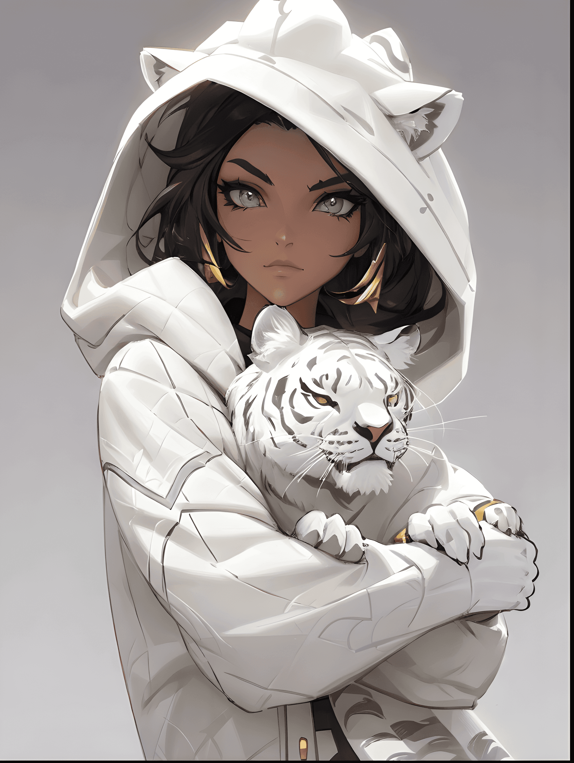 AI generated: a statue of a woman holding a white tiger, an airbrush painting, trending on zbrush central, black h...