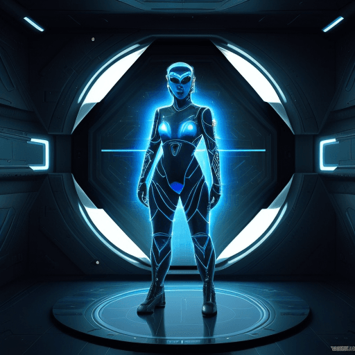 AI generated: futuristic warrior in full military attire, full body hologram inside a flat screen, space ship inte...