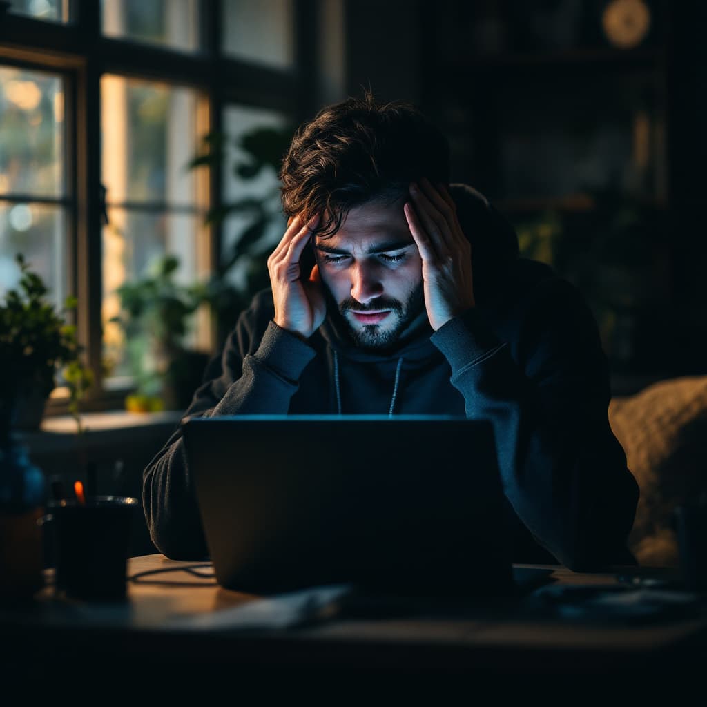 AI generated: A devastated Tech Bro who sat behind his laptop getting overwhelmed with his burnt charger and could...