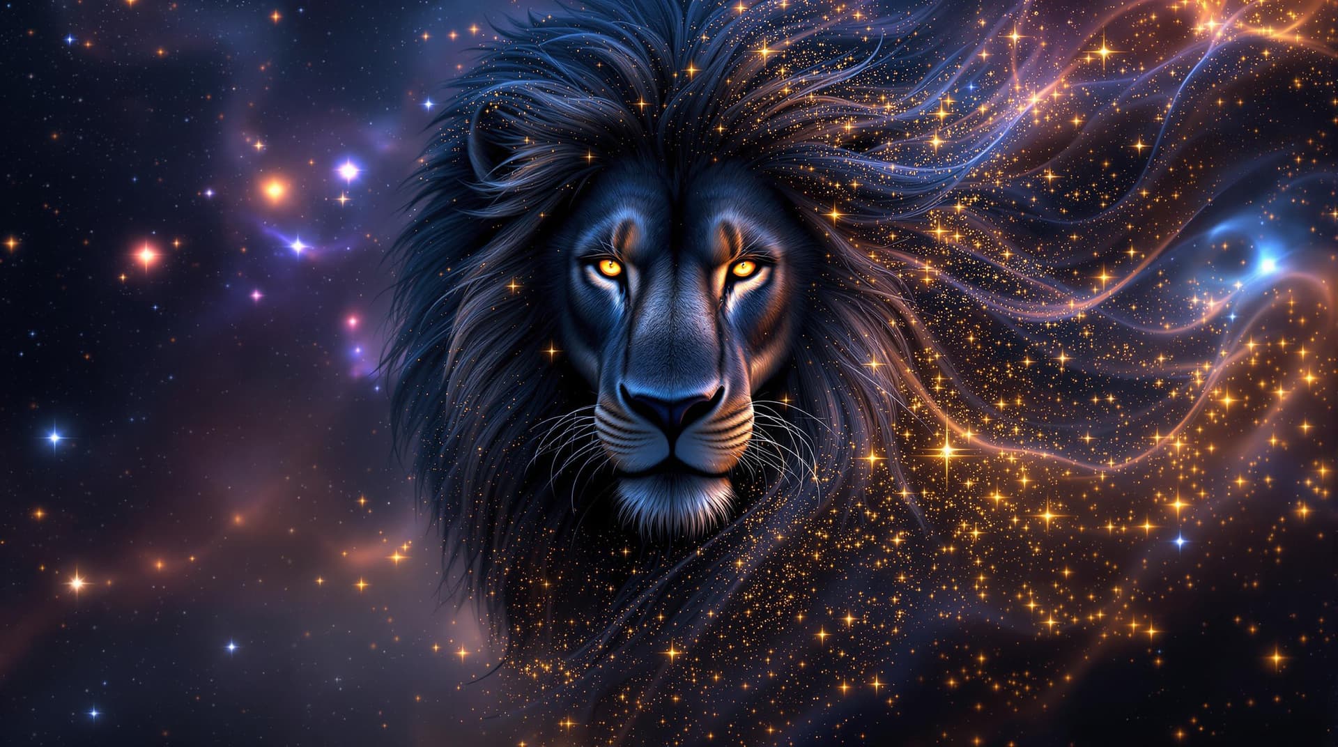 AI generated: Image is a digital artwork featuring a majestic black lion zodiak sign with a flowing mane filled wi...