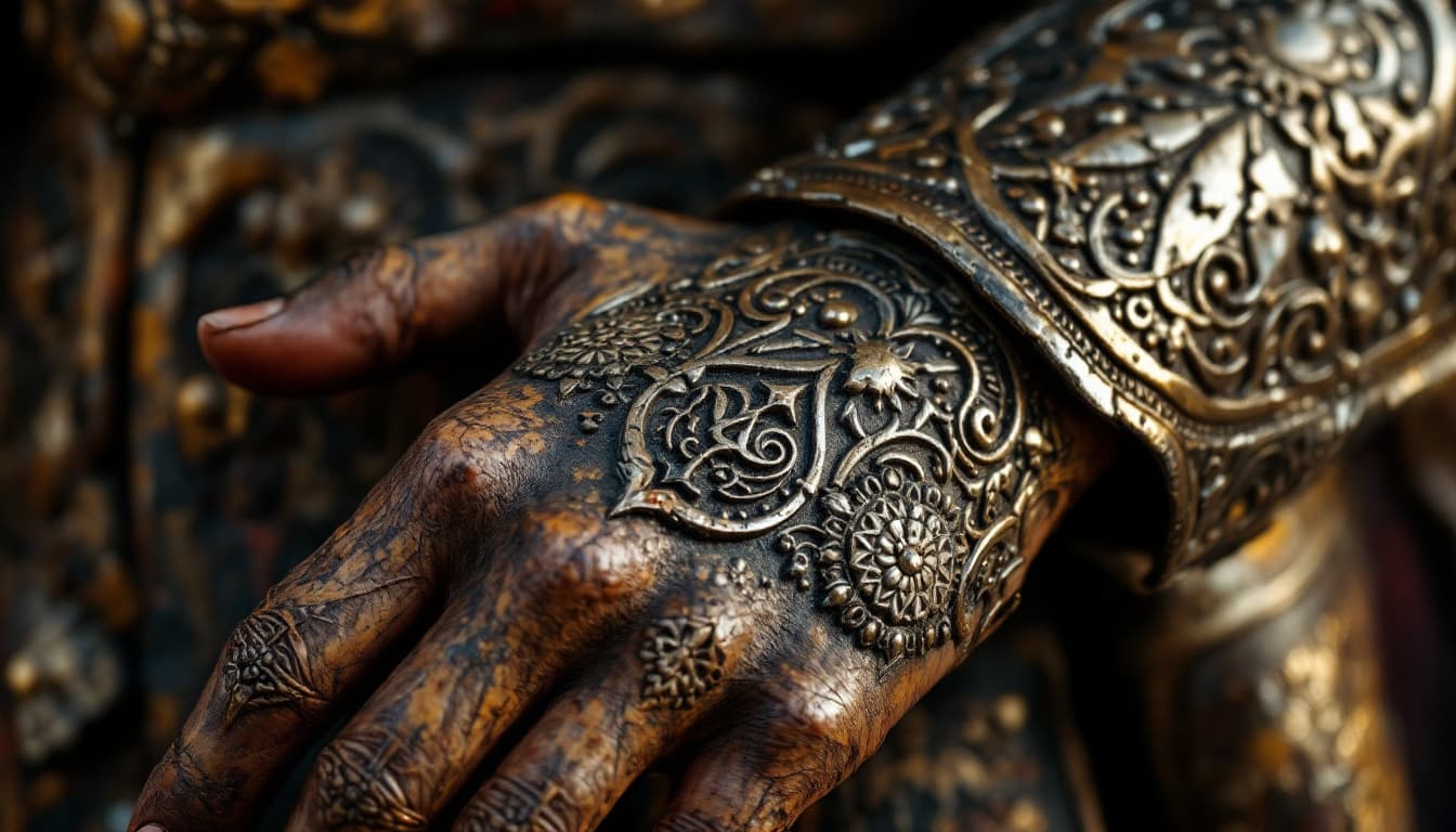 AI generated: hyper realistic .Close-up of Parushat’s hand showing Ario her old armor, Persian engravings visible ...