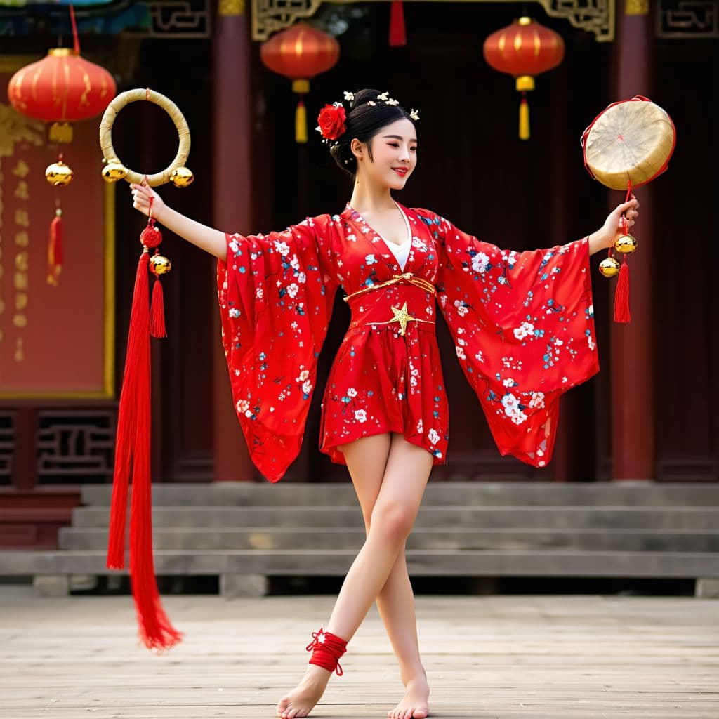 AI generated: Full body view of a beautiful corean woman, short black hair, flower in hair, Very short red flored ...