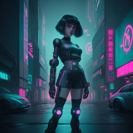 AI generated: girl of the future standing in a panoramic cyberpunk street, futuristic design, electronic artwork, ...