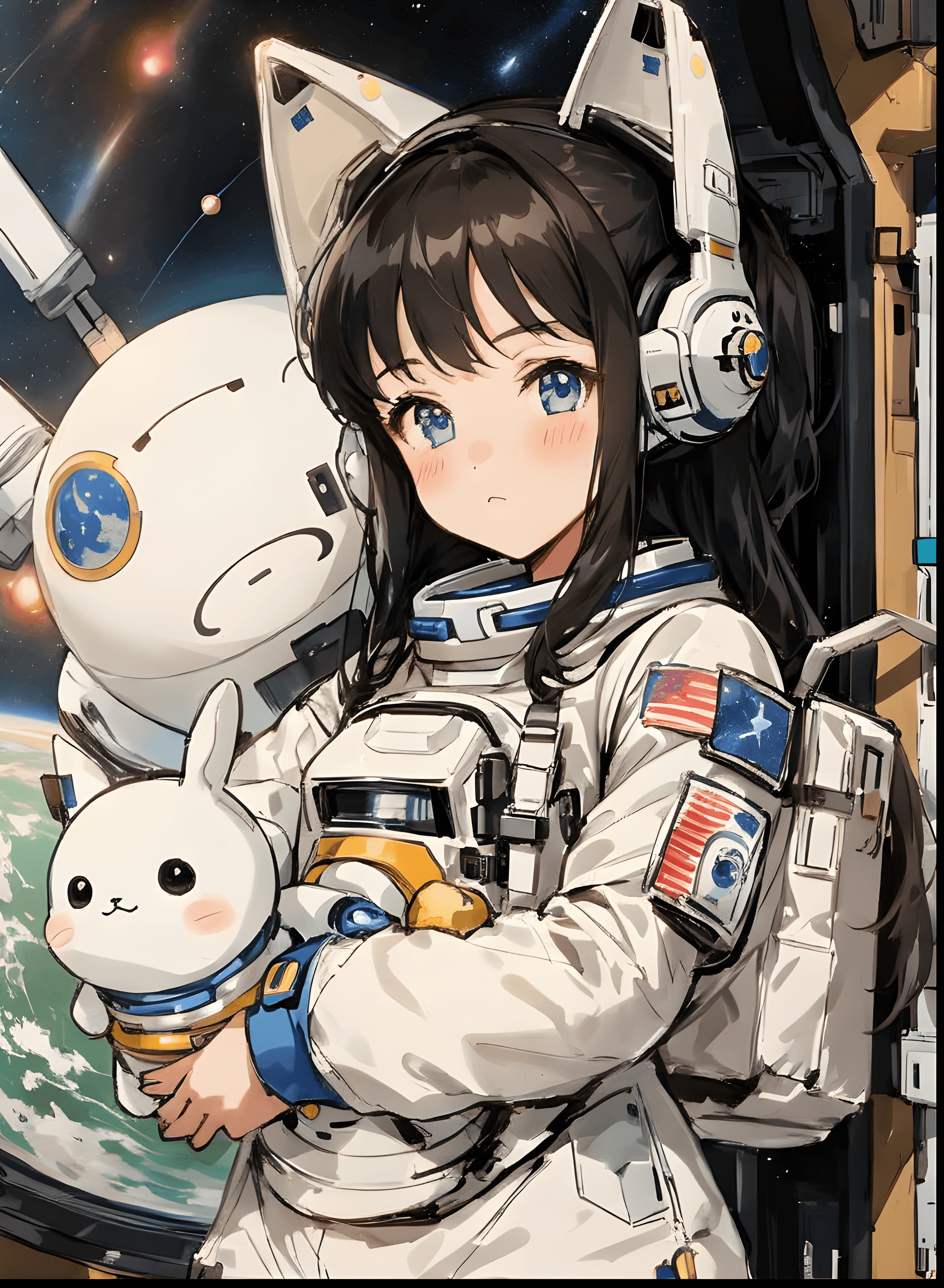 AI generated: a girl in a space suit holding a stuffed animal, an anime drawing, space art, extremely cute anime g...