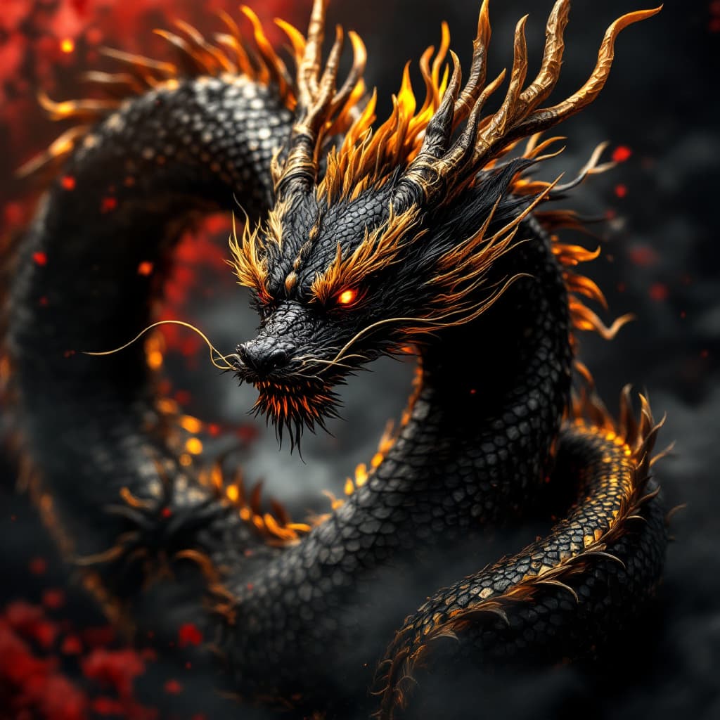AI generated: A Chinese black dragon,full body detail of dragon scalesdark background black and yellow and red,cre...