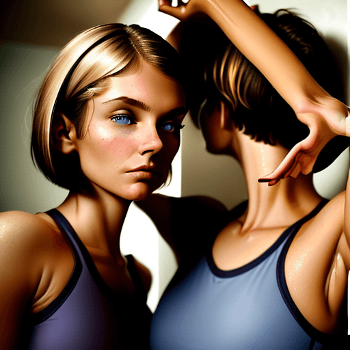 AI generated: (closeup of two 21 year old female models wearing a yoga in a bathroom hall), doing yoga
seductive f...