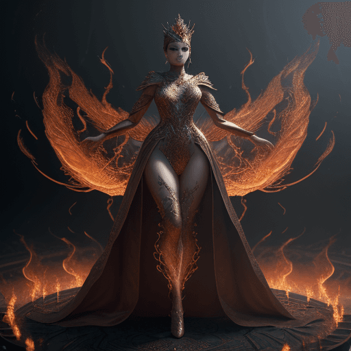 AI generated: young beautiful Queen of the fire standing on ground in spiral flame fog background, glorious, full ...