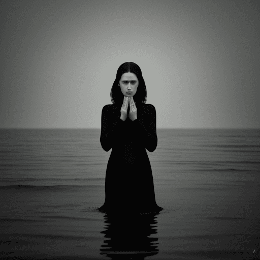 AI generated: woman in black walking in the water, in the style of ethereal escapism, elegant, emotive faces, mela...