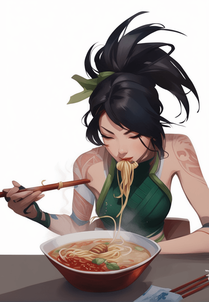 AI generated: anime girl eating noodles with chopsticks and a bowl of soup, akali, eating noodles, artgerm lau, ro...