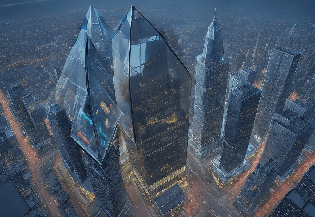 AI generated: Night , big transparent glass pyramid building,skyscraper, science fiction scene, high-tech city str...