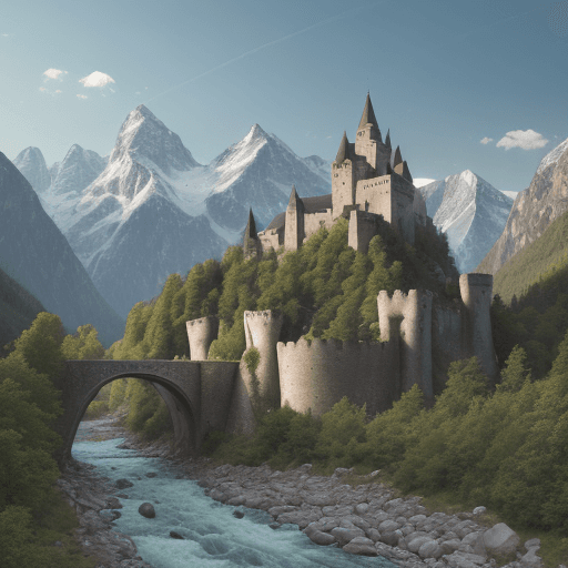 AI generated: High resolution photography valley with low range mountain with trees, three mountain peaks, small o...