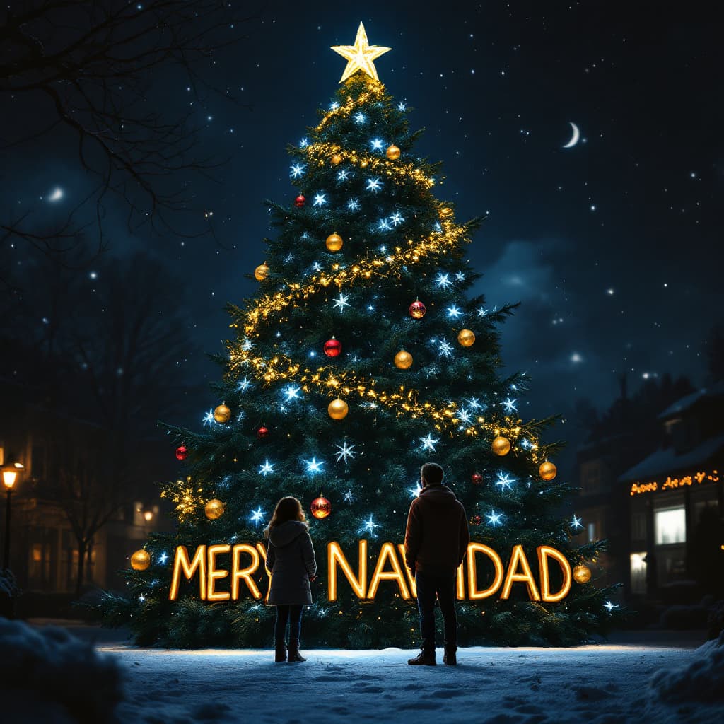 AI generated: Foto navideña nocturna de una familia con dos niños mellizos de tres años  delante de un árbol de Na...