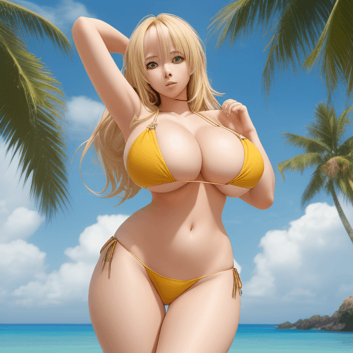 AI generated: anime girl, huge boobs, bikini, full body, blonde hair, high res, 8k, beautiful face