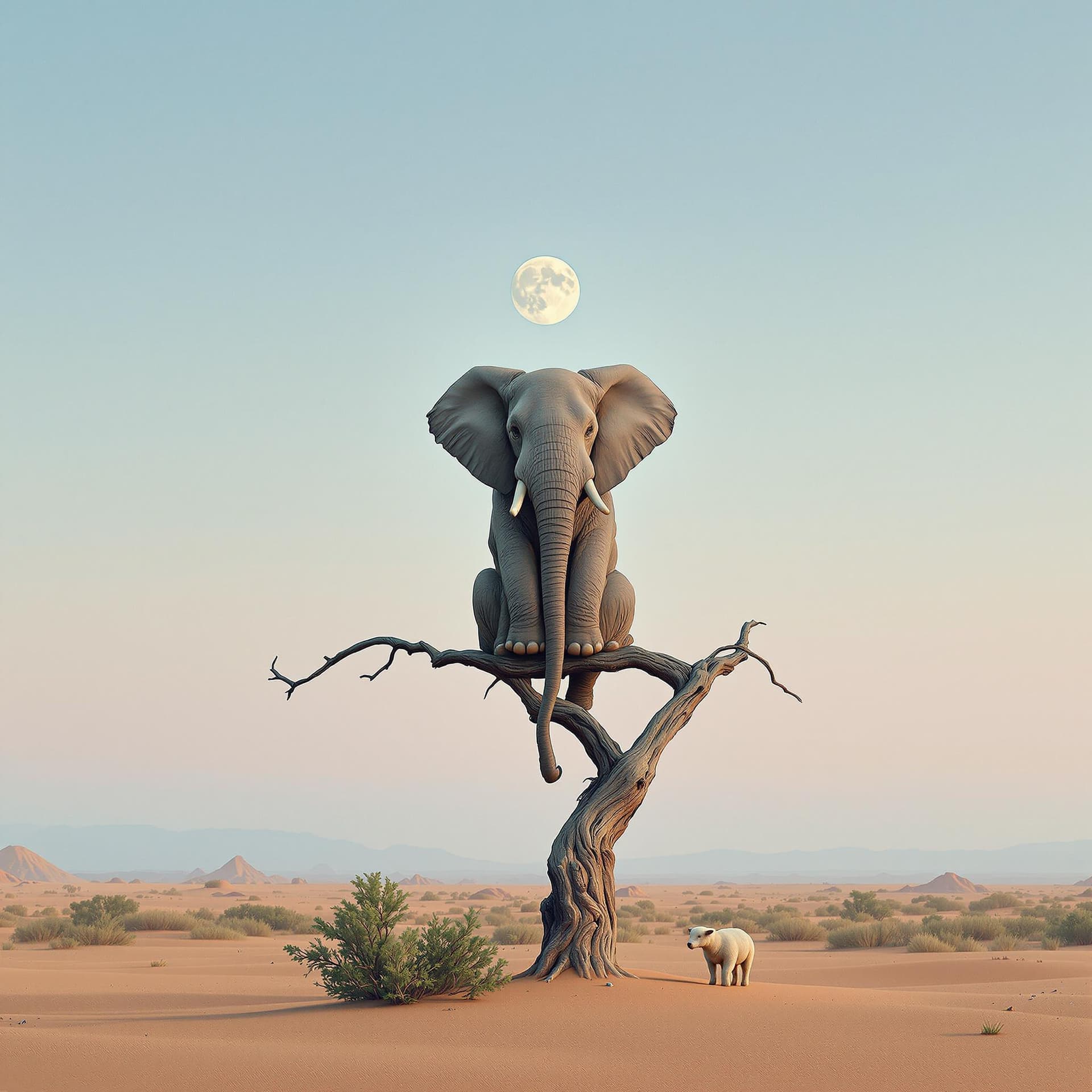 AI generated: A surreal depiction of an elephant, facing away the viewer, sitting on a thin, fragile looking bare ...