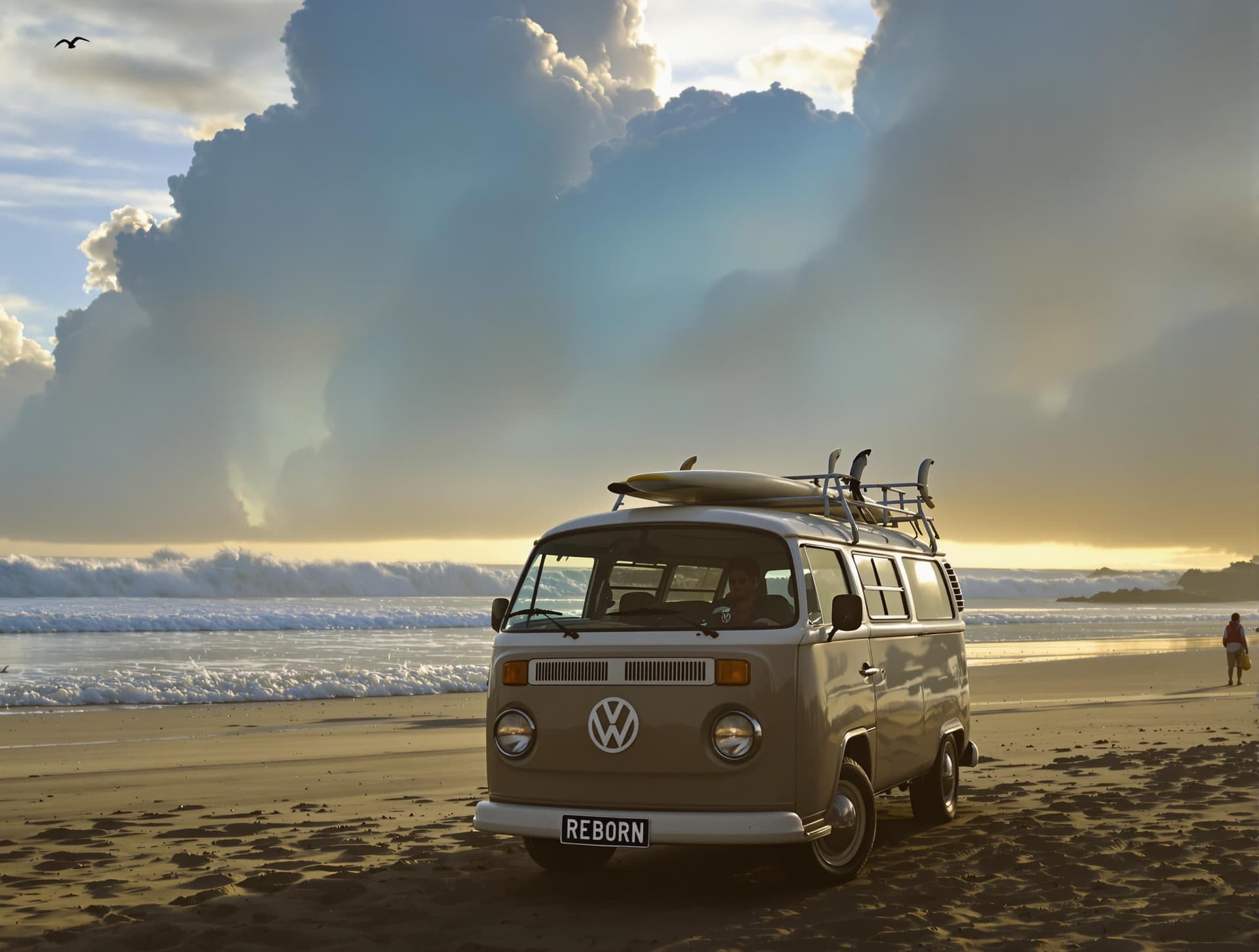 AI generated: A vw classic samba T-1  bus on a golden sunset beach with ethereal light in the sky just before suns...