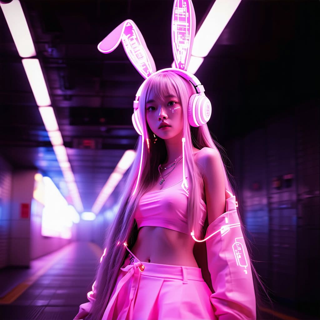 AI generated: The pink bunny girl in the cyber world is a cyberpunk (full body photo), with beautiful long hair, w...