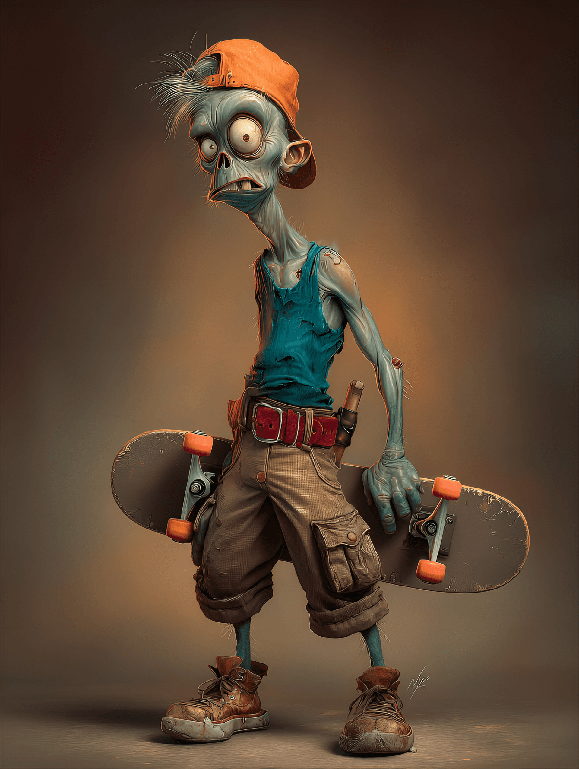AI generated: funny caricature, zombie skater boy caricature, teenage green-skinned male, 19 years old, disheveled...