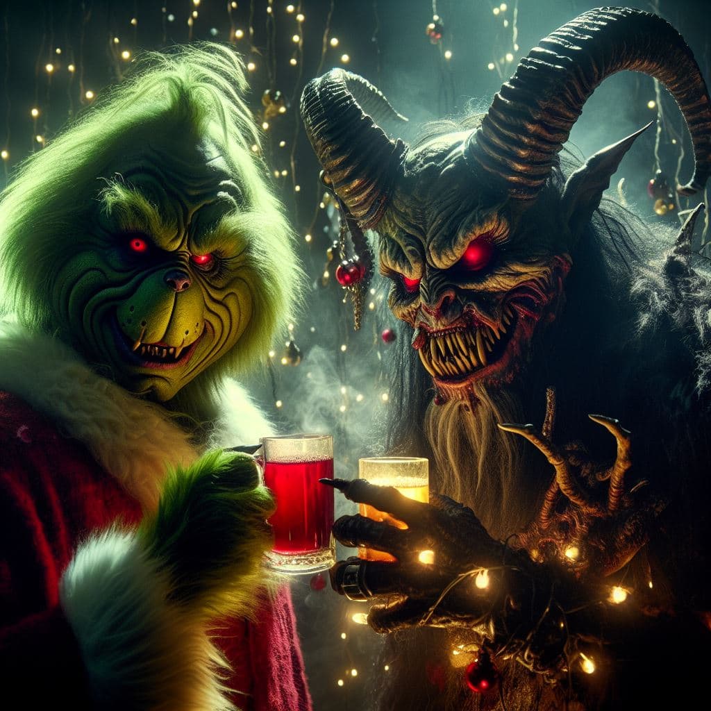 AI generated: nightmare version of the Grinch and Krampus.they are best friends.they drink mulled wine together at...